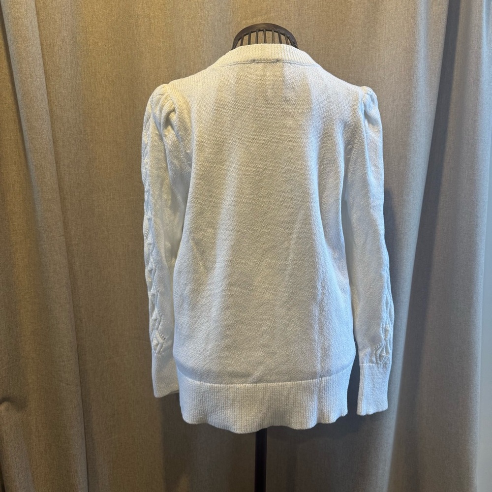 Talbots - White 100% Cotton - Puff Sleeve - Cable Knit Sweater - Large - Picture 5 of 10